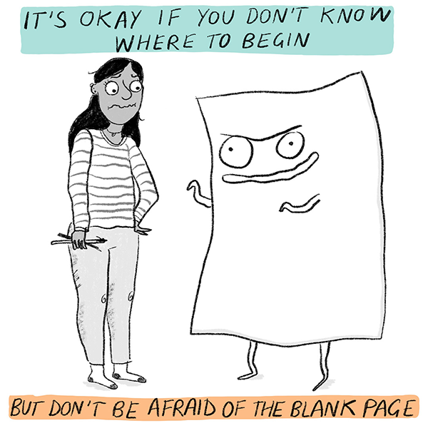 Comic panel 1: A woman looks at a scary blank page. The text around the comic reads: