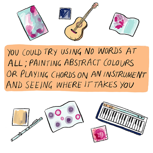 Comic panel 3: "You could try using no words at all; painting abstract colours or playing chords on an instrument and seeing where it takes you."