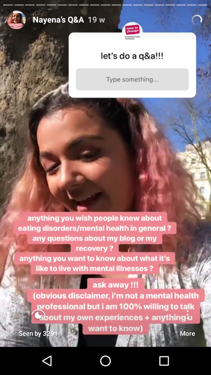 Nayena's Instagram Story - she uses the Q&A button to ask people to send questions about mental health