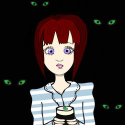 Illustration of woman holding glass of Guinness surrounded by green eyes